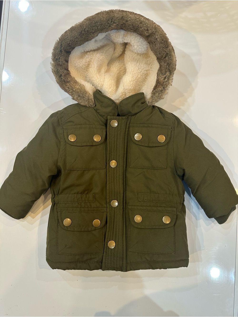 Carter’s Classic & Unique Baby 12M Olive Green Winter Parka Faux Fur Hood Plaid